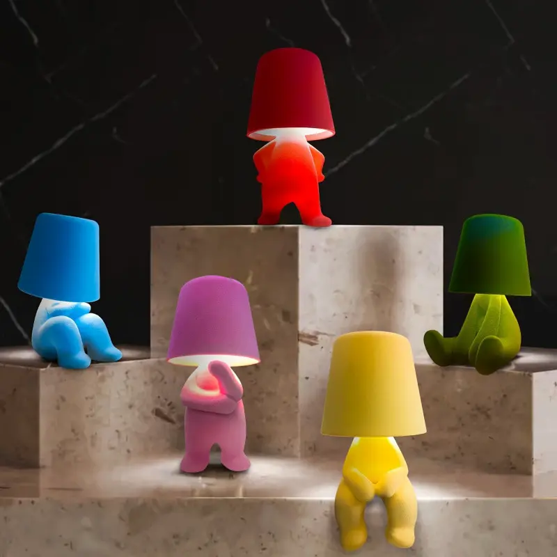 Bedside Touch Control Lamp with Colorful Fabric Golden Thinker Statue LED mr  what  lamp cute table