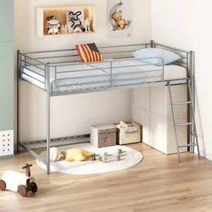 JOYMOR Low Loft Bed with Inclined Ladder, Metal Twin Size Bed Frame with 15” High Guardrail for Boys Girls, Junior, Space Saving, Mattress Not Included
