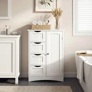 New Choice Deal Bathroom Floor Cabinet Home Storage Organizer with 4 Drawers & 1 Door, Freestanding Entryway Cupboard, White