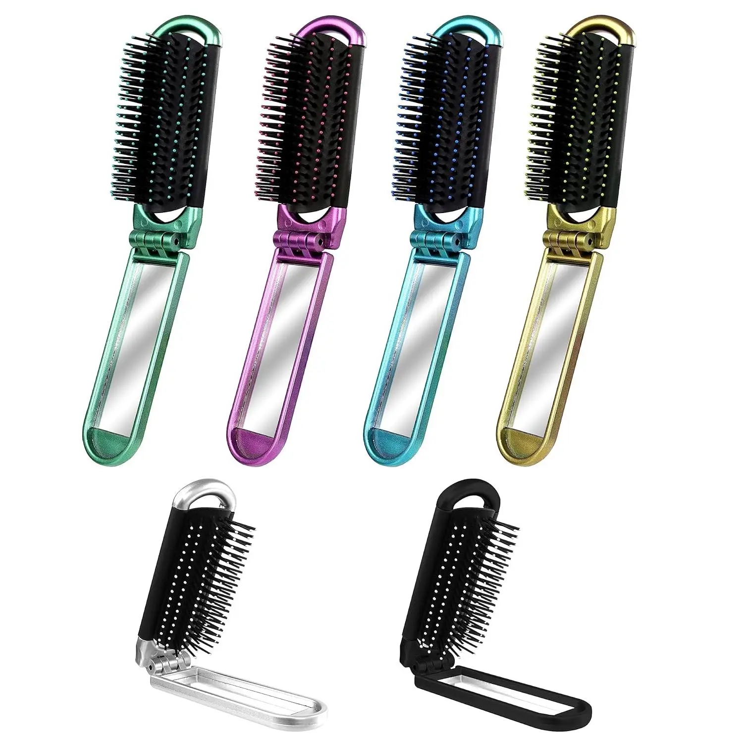 6 PCS Folding Travel Hairbrush Set with Compact Mirror for Women - Mini Pocket Brush with Mirror for Purse and Girls