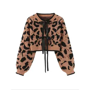Cute autumn fashion Y2K leopard print tie cardigan, loose long sleeves, fashionable animal print women’s outerwear