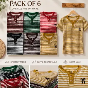 Pack of 6 Women’s Ribbed Striped Tops | Assorted Colors | One Size Fits Up to XL | Stretchy Short Sleeve Shirts