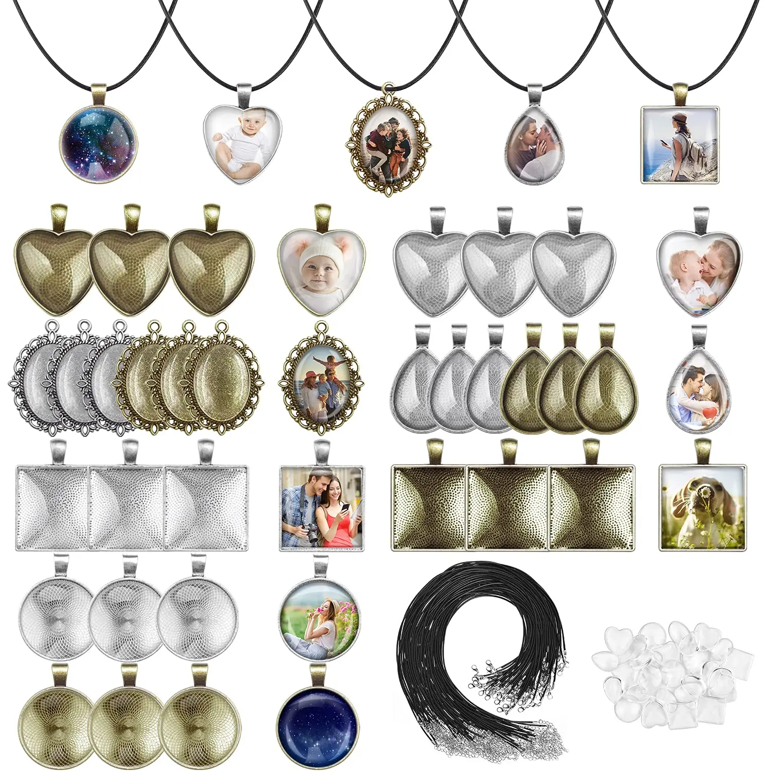 90pcs Custom Jewelry Pendant Trays Set with 1 Inch Teardrop Bronze Bezel Pendants, Glass Cabochons & 20 Inches Necklace Cords for Jewelry Making - 30pcs Each Component