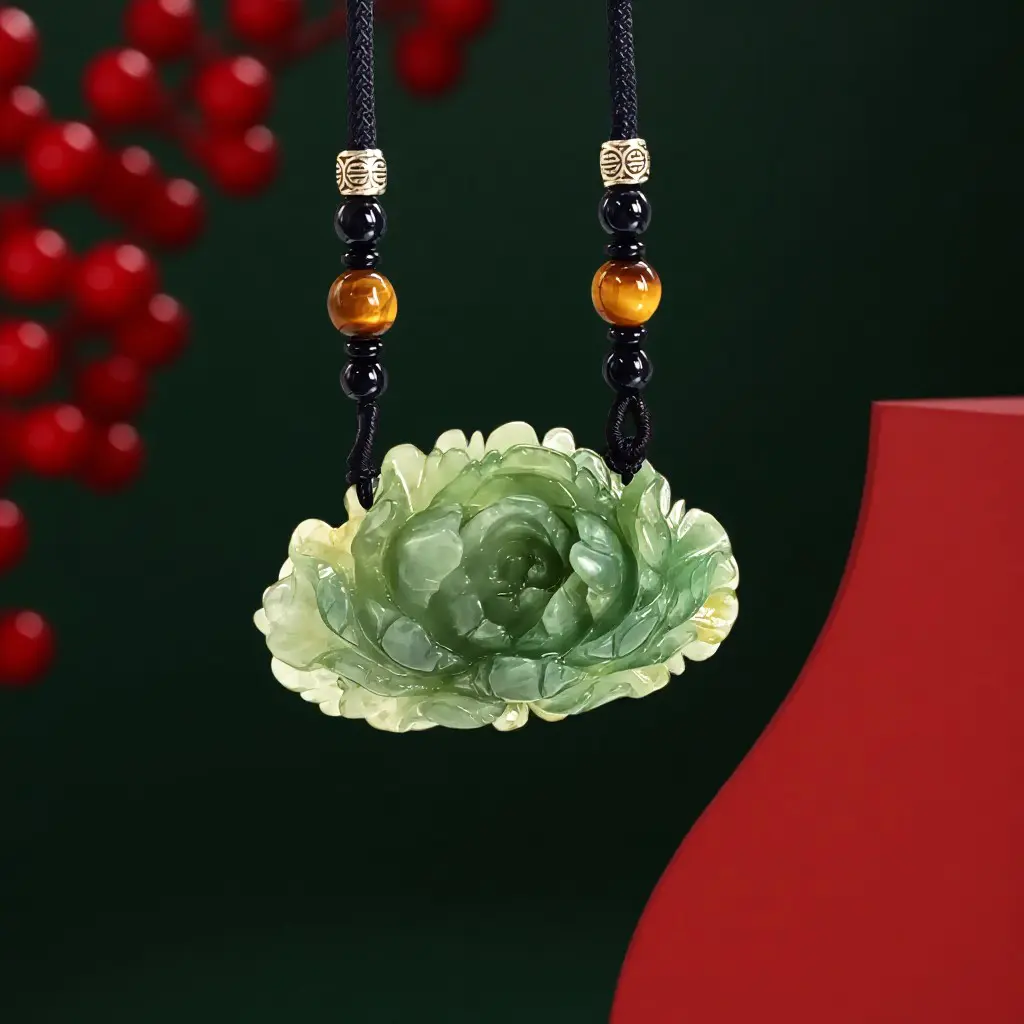 Natural Jade Carved Flower Necklace with Elegant Beaded Chain and Unique Floral Design