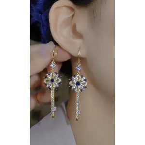 LisiZen Euro-American sparkling key pendant with inlaid amethyst, full diamond, gold-plated pure silver earrings DZEH5906