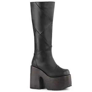 Demonia Camel-280 Black Vegan Leather Knee-high Boots