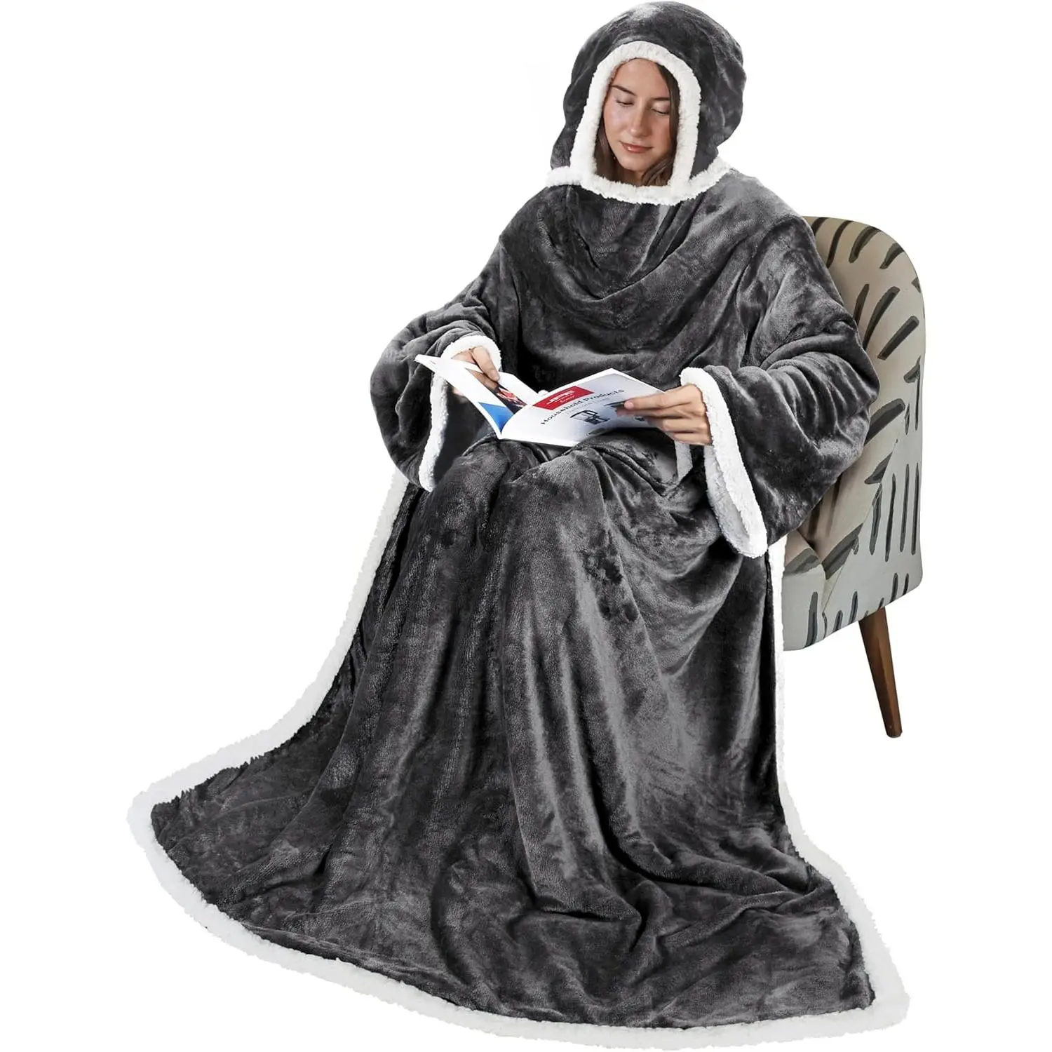 Hooded Wearable Blanket with Sleeves - Full Body Cozy Flannel Wrap Robe for Holiday Watch Parties, Christmas Valentine Thanksgiving Gift for Adults