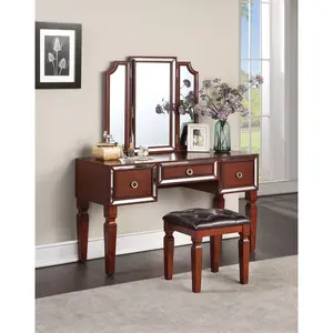 Luxurious Majestic Classic Cherry Color Vanity Set w Stool 3- Storage Drawers 1pc Bedroom Furniture Set Tri-Fold Mirror
