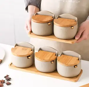 Ceramic Seasoning Jars Organiser Canister with Wooden Lid for Kitchen Storage and Cooking Convenience