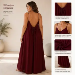 Women's Backless Spaghetti Strap Maxi Dress, Loose Flowy Sundress for Vacation Plus Size Friendly Open-Back Maxi Dress, Relaxed Fit, Floor Length, For Beach & Travel  Nightwear