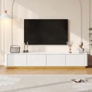 Luxury TV Stand for TVs Up to 85", Faux Marble Tabletop Media Console with 4 Drawers, Curved Profile Design, Modern Entertainment Center with Gold Base for Living Room, White