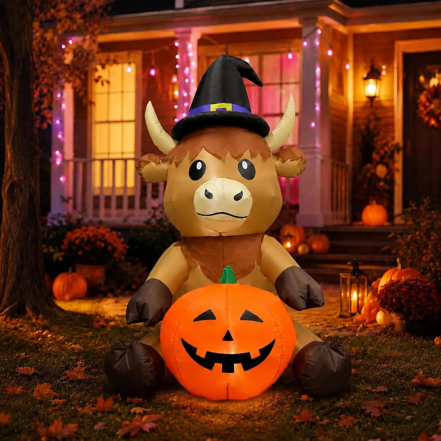 5FT Halloween Inflatable Witch Hat Highland Cow Outdoor Decorations | with Built-in LEDs,Waterproof Polyester,Easy Setup,Blow Up Display for Yard, Lawn, Garden, and Halloween Parties