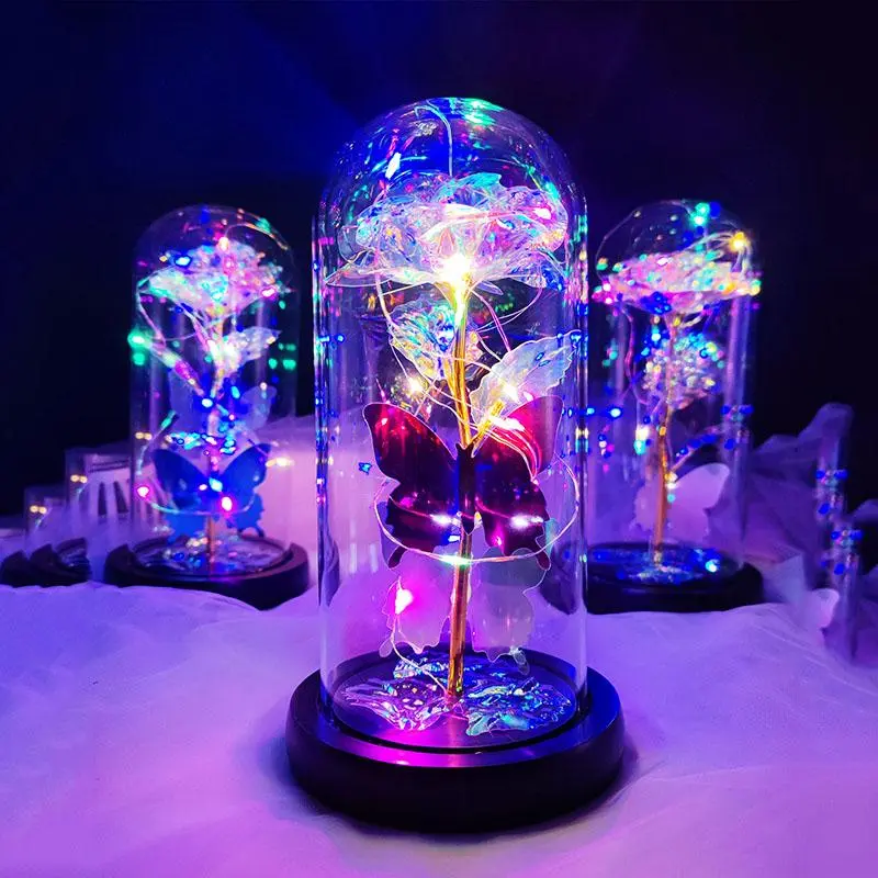 Artificial Flower Decoration for Dressers, 1 Count Sweet Furniture Glowing Feature Glass Dome Flower for Home Decor, Romantic Ambiance Decorative Flower for Home & Party, Creative LED Lighting