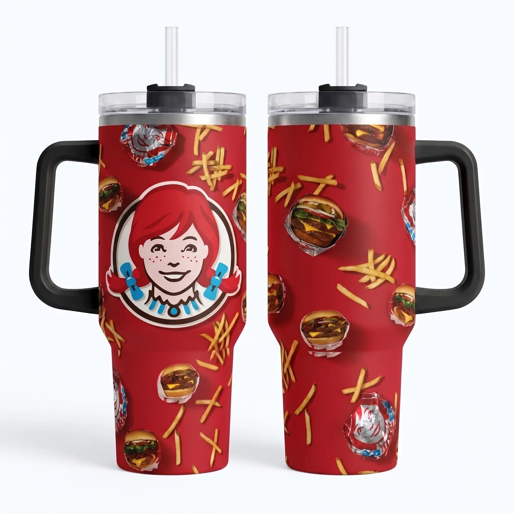 Wendys Burger Fries Red Travel Tumbler, Fast Food Pattern 40 oz Insulated Mug with Black Handle, Stainless Steel Thermal Coffee Cup, Cute Cartoon Restaurant Merchandise Drinkware, Reusable Straw Cup, Funny Birthday Gift for Foodies Friends
