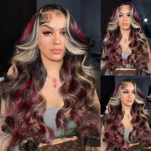 Black Red Blonde Highlights Human Hair Body Wave Wigs 13x4 Transparent Lace Front Wigs Pre Plucked with Baby Hair Brazilian Frontal Wig 180% Density Blonde Red Highlights Wig Body Wave Lace Front Wig
