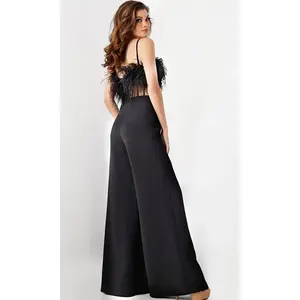 Jovani 24144 - Sleeveless Feather Detailed Jumpsuit