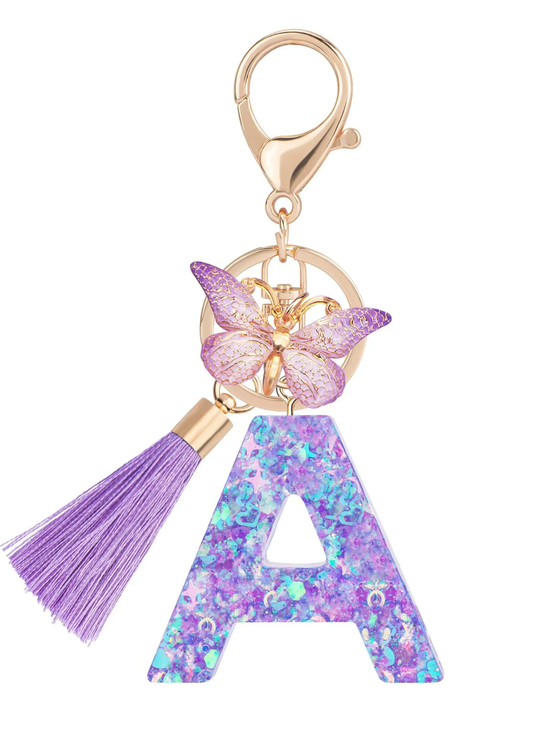 1pc/Initial keychain accessories key rings Creative pink letter keychain Hollow heart sequin butterfly tassel key chain Bag hanger accessories Trendy cute keychain Stylish keyring - Gift of choice