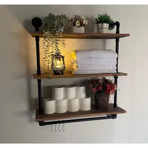 Industrial Pipe Shelving Floating Bathroom Wall Shelves with Towel Rack,30 in Rustic Storage Shelve Wall Mounted for Living Room,Kitchen