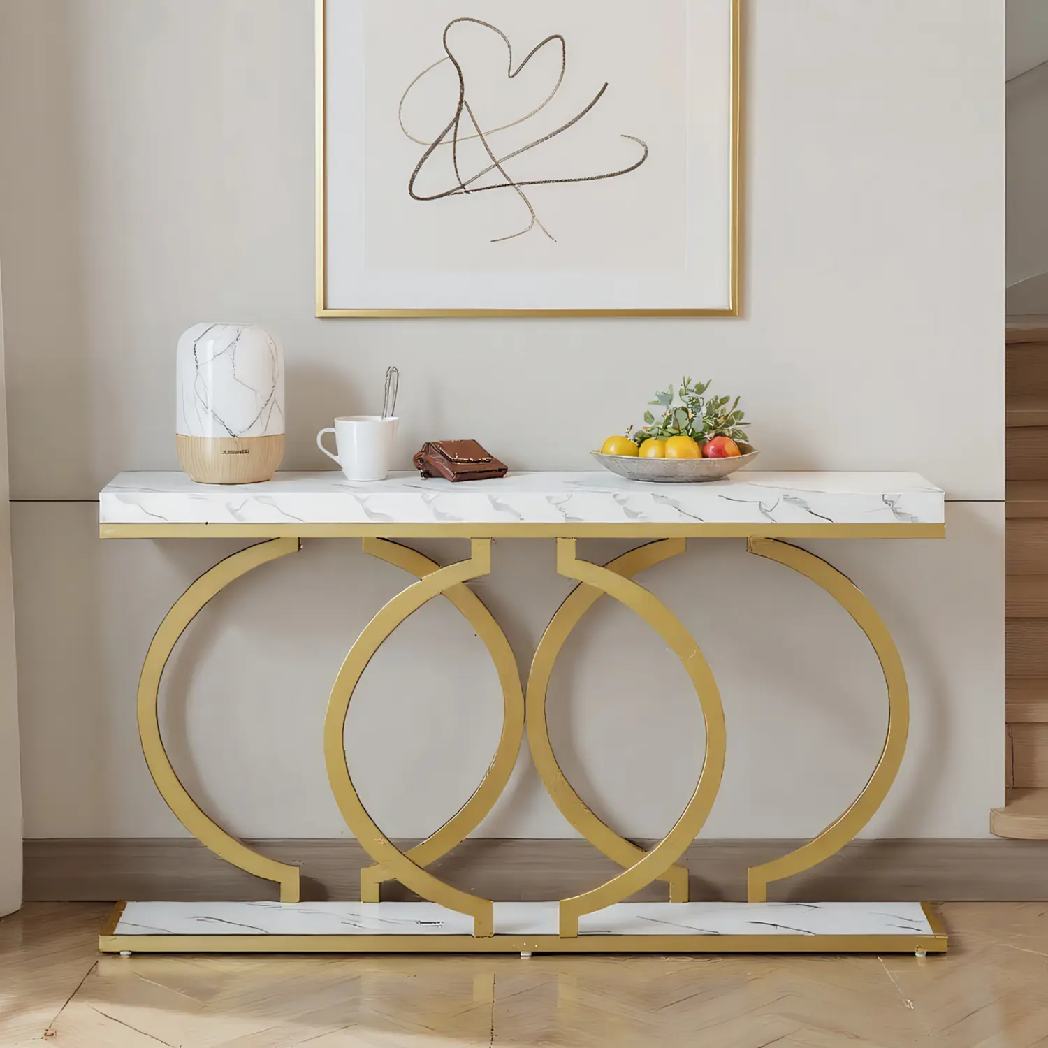Spaco 55-in Gold Faux Marble Console Table - Narrow Long Modern Contemporary Metal-Tone Gold Pedestal Table for Living Room Entryway Indoor Accent Piece, Entryway Table, Metal-Tone Pedestal Tables