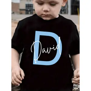 Customizable Letter Print Cotton T-shirt for Boys with Personalized Name