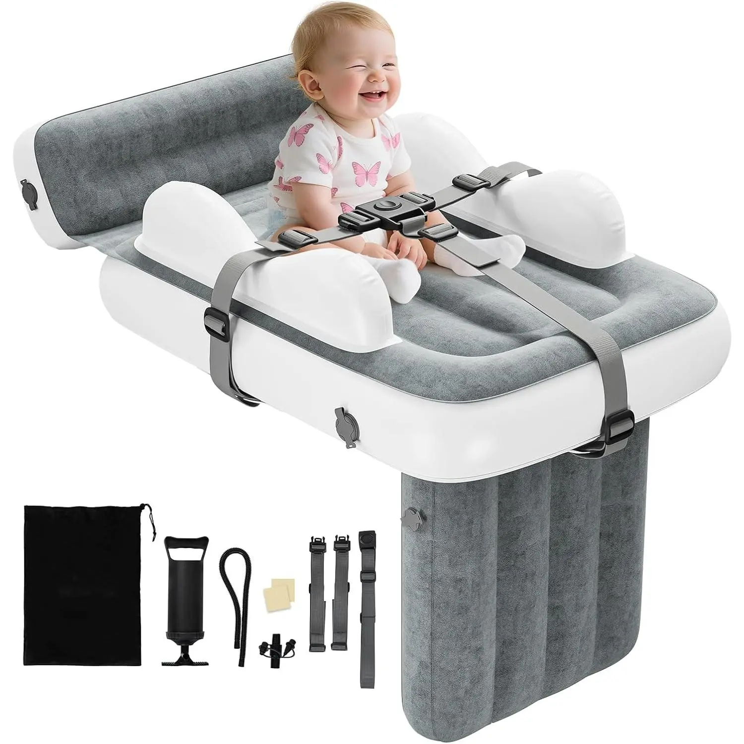 Airplane Seat Extender for Kids, Inflatable PVC Flocking Travel Bed to Convert Narrow Seats, Portable with Double Layered Safety Guard & Belts, Includes Filling Pump, Airplane Shape