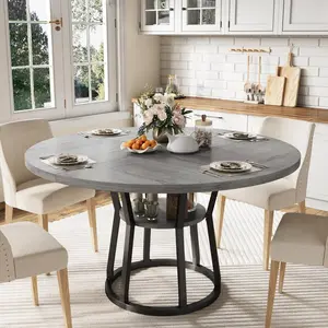 Garvee Round Dining Tables for 4-6 People, 42-47.2 Inches, Featuring Farmhouse Style with Sturdy Metal or Wooden Bases and 2-Tier Storage Shelves, Perfect for Kitchen, Dining Room, Living Room, Meeting Room, and Apartments