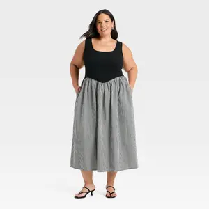 Women's Pullover Knit to Woven Midi Dress - A New Day Black/White Gingham 2X