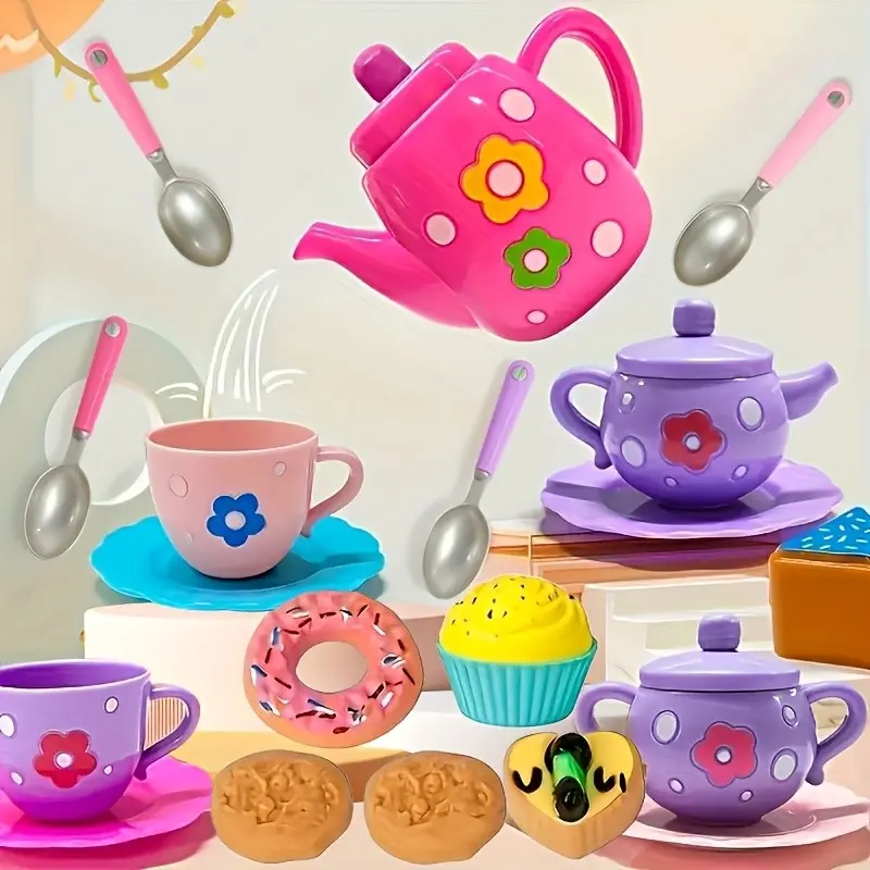 Little Girl Tea Set, Tea Party Kit with Teapot, Cookie Dessert, Pretend Play, Play Food, Tea Party Accessories, Holiday Birthday Christmas Gift, Play Kitchen Accessories