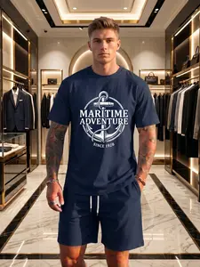 Men's Retro Maritime Anchor Print 2 Piece Tracksuit, Micro-Elastic Breathable Fabric, Short Sleeve Tee & Drawstring Shorts, Nautical Casual Outfit For Men 20-50, Beach/Vacation Style, Lightweight & Comfortable, 2026 Viral Summer Matching Set