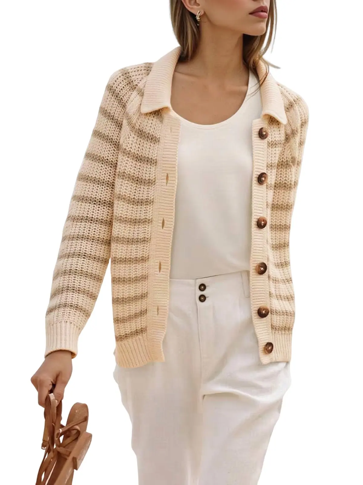 FISOEW Women's Polo Neck Knit Cardigan, Casual Long Sleeve Button Down Top, Soft Comfortable Sweater for Fall, Jeans, Tee, Knitwear, Tops, Machine‑Wash Simple