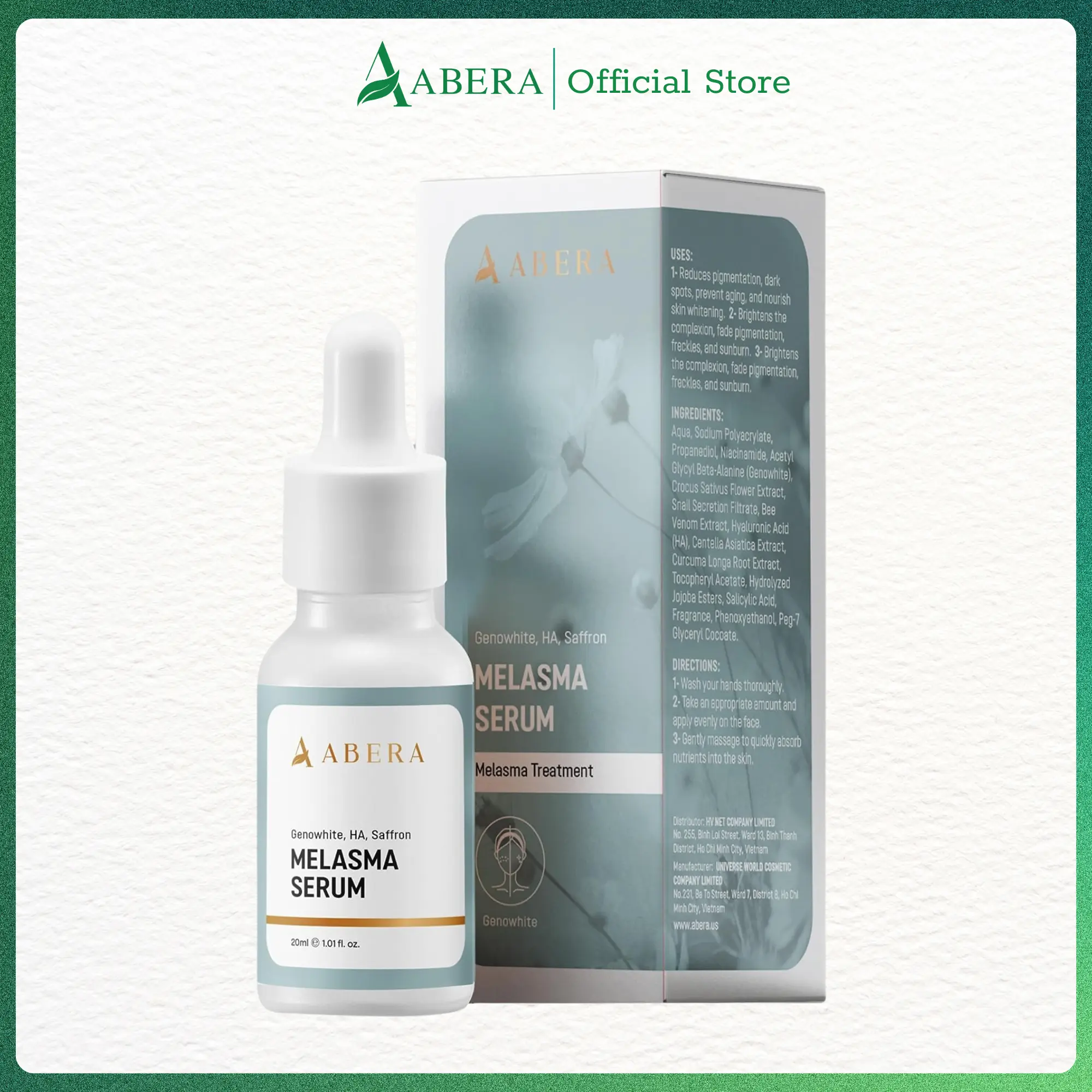ABERA Melasma Serum for Men & Woman - Niacinamide and Hyaluronic Acid - 0.68 fl. Oz