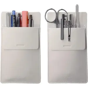 Pocket Protector Leather Pen Pouch Holder Organizer for Shirts Lab Coats, Holds 5 Pens, Keeps Pens Inside When Bending Down, No Pen Clip Breaking, Thick PU Leather, White, 2 Per Pack