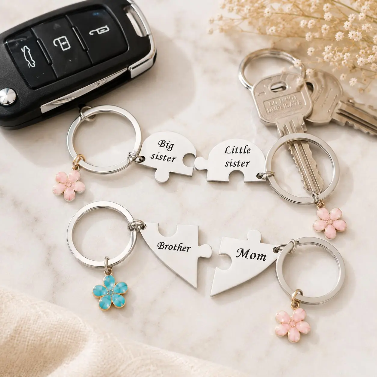 Mother & Children Puzzle Keychain Set for 4, Mom Big Sister Little Sister Brother Family Matching Keychains, Sweet Meaningful Gift for Mother’s Day, Birthday, Christmas or Just Because