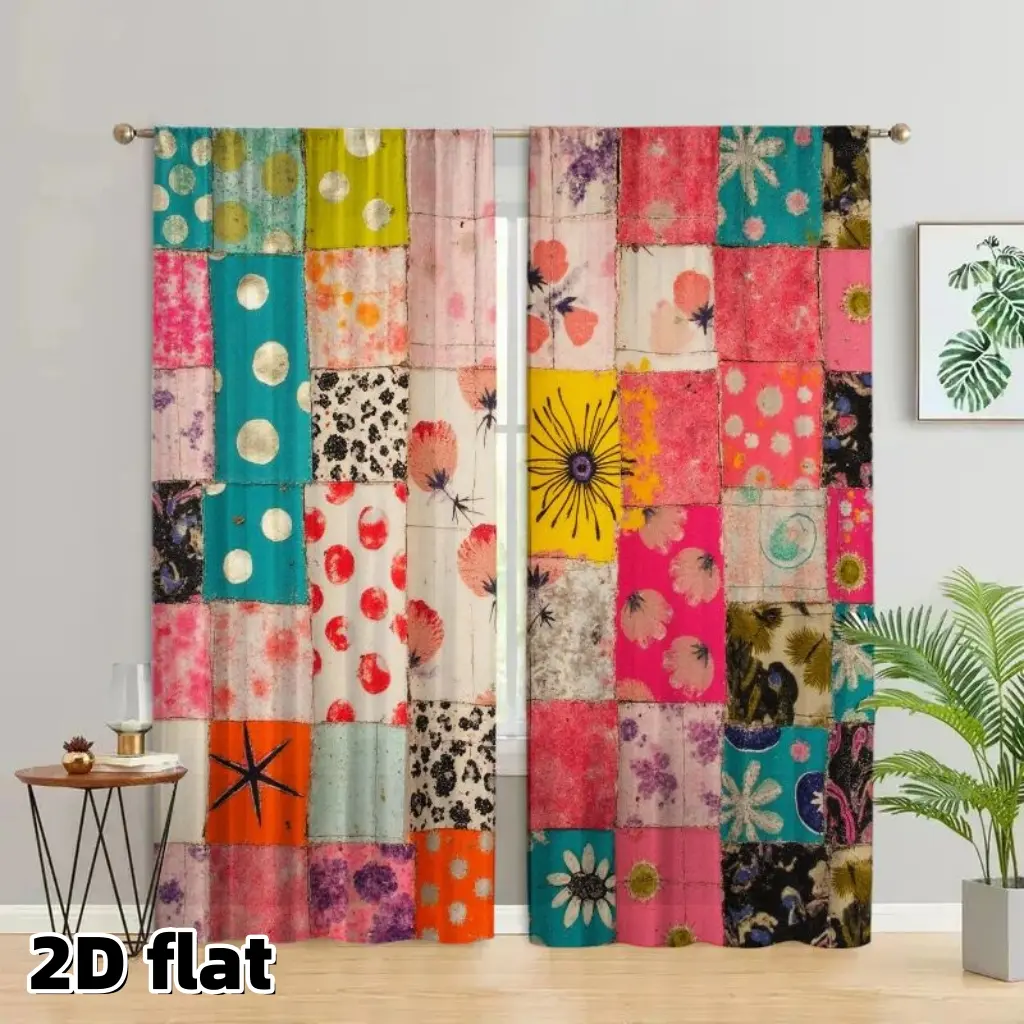 2D Flat 2Pcs Bohemian Patchwork Curtains, Home Decoration Curtain, Colorful Floral Pattern, Rod Pocket Design, Semi Sheer Fabric, Boho Window Treatment for Living Room Bedroom, Multi-Color Panels, Sunlight Filtering, Easy Care Home Decor