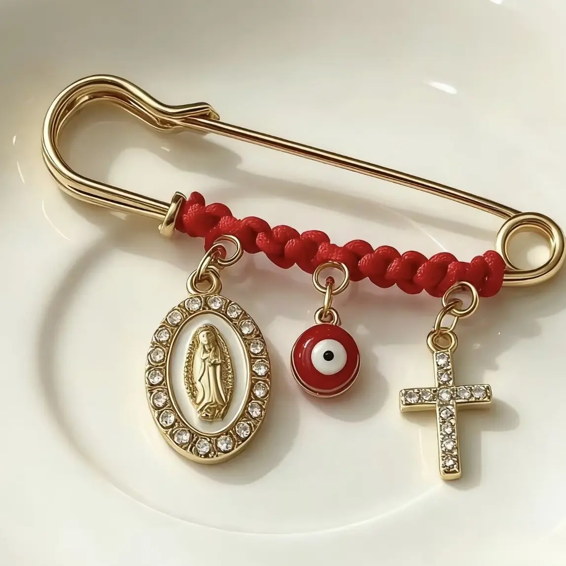 Cross red string evil eye safety pin brooch, good luck brooch, a must-have for expectant moms