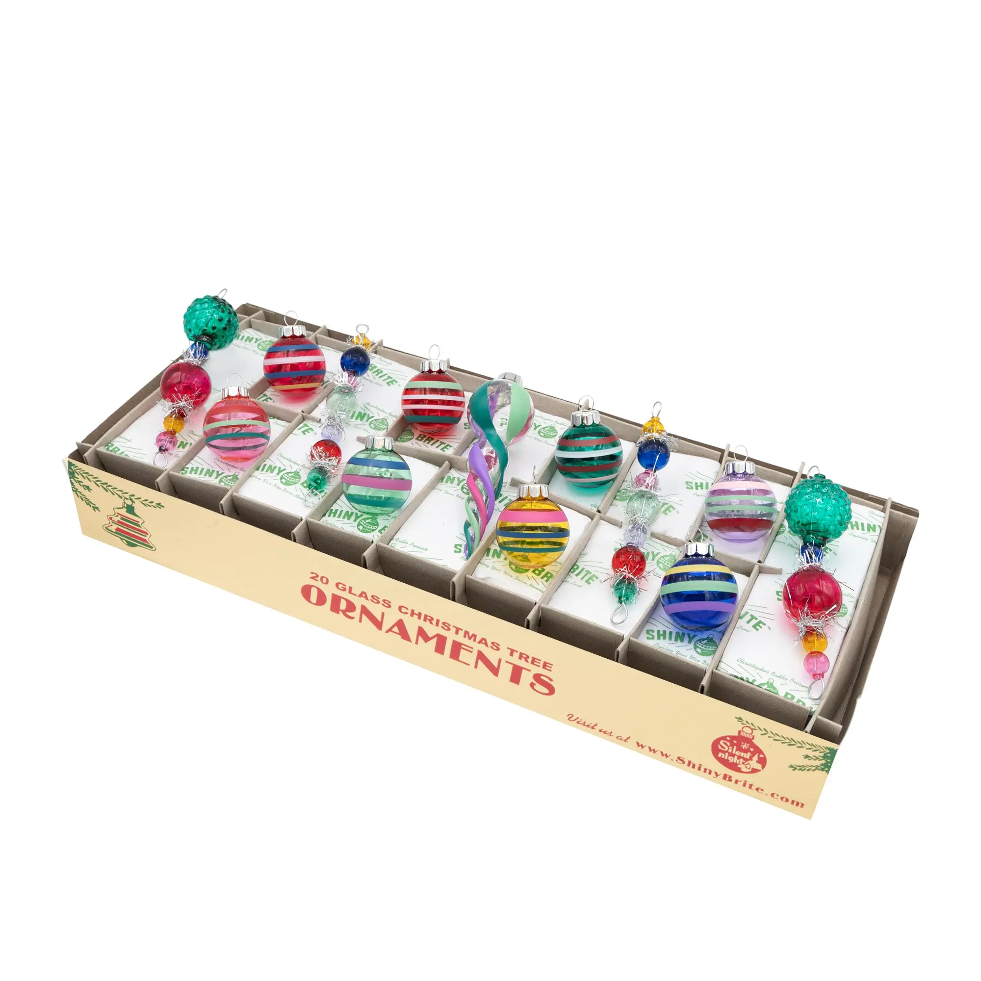VIVID VINTAGE Glass Festive Decorations, 13-Count Set with 4-in Icicles and 1.25-in Rounds