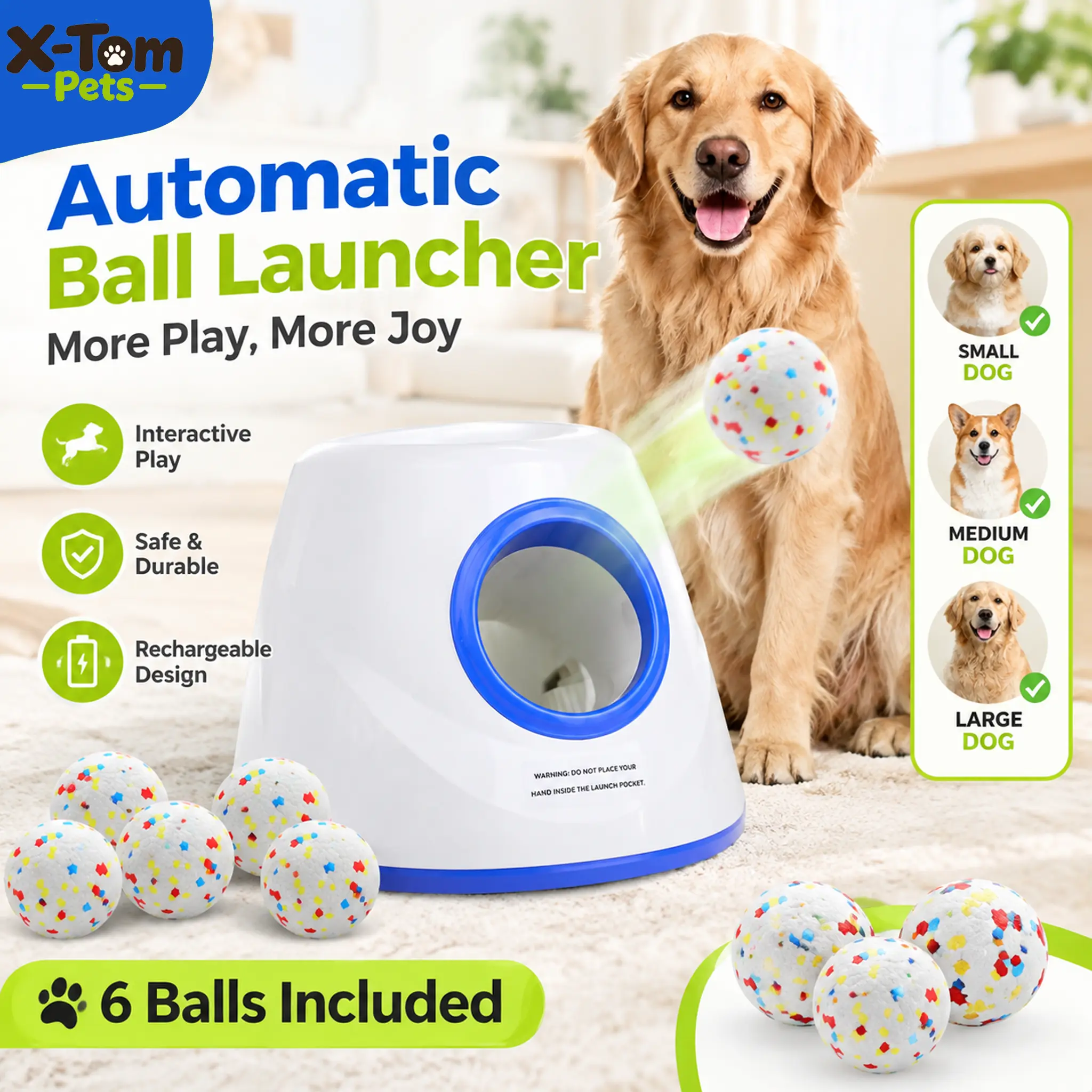 Cordless Automatic Dog Ball Launcher, Rechargeable Interactive Pet Ball Thrower with Long-Lasting Battery, LED Battery Indicator, 3 Distance Settings, Outdoor Portable Dog Ball Throwing Machine with 6 Balls, for Small & Medium Dogs