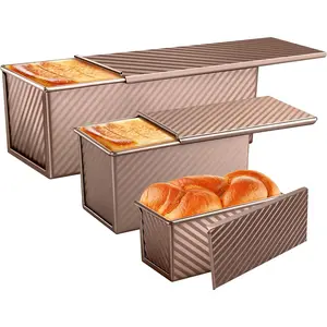 3 Pack Pullman Loaf Pans with , 2.2LB 1LB 0.5LB Bread Pans, Non-stick Carbon Steel Bread Pans for Homemade Sandwich and Baking Sourdough Bread, Corrugated Toast Mold, Golden