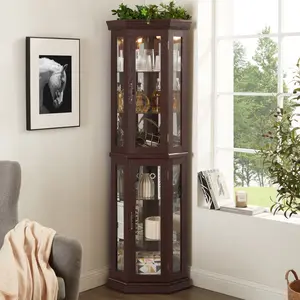 Lighted Corner Curio Cabinet - Glass Display Shelf with Tempered Glass Doors, Adjustable Shelving