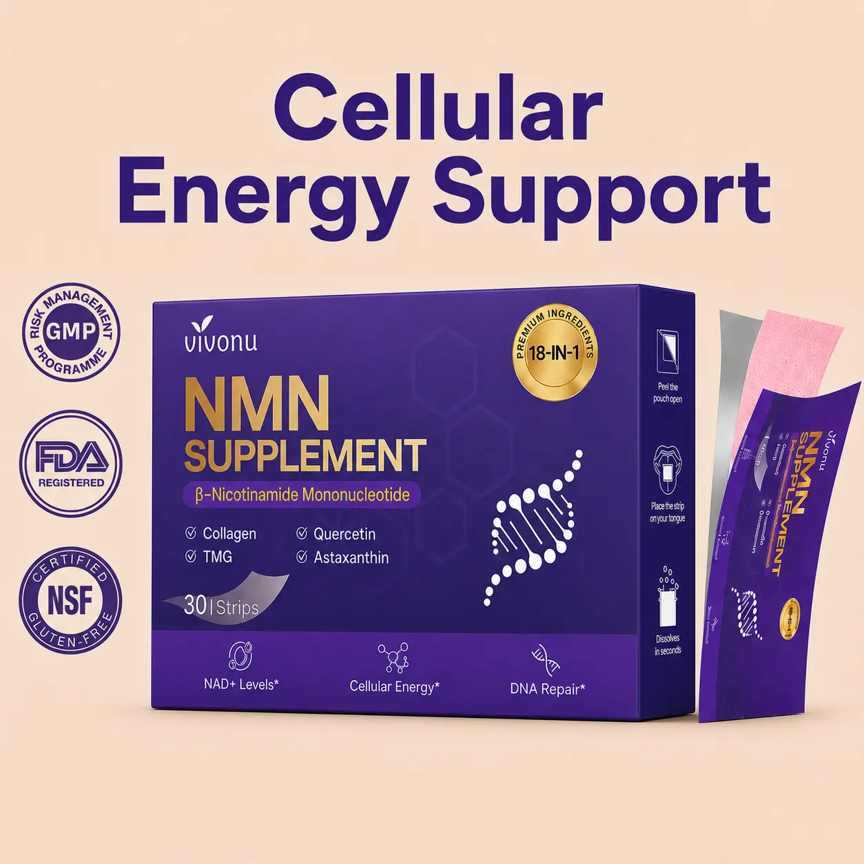 VivoNu NMN Oral Dissolving Strips, NAD+ Supplement with Resveratrol, TMG, Quercetin, CoQ10, PQQ & Astaxanthin, Supports Cellular Energy, Healthy Aging, Antioxidant Support & Daily Wellness, 18-in-1 Formula