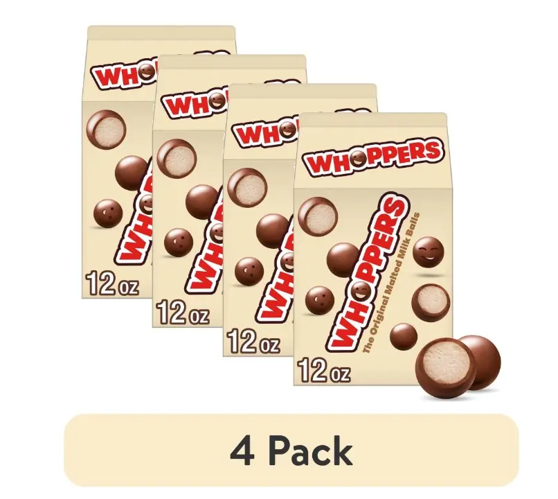 (4 pack) Whoppers Malted Milk Balls Candy, Carton 12 oz
