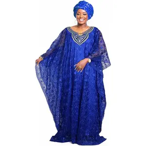 HD Women's African Lace Kaftan Dress Embroidery V Neck Evening Party Gown One Size with Matching Headwrap Design Wedding Blue Yellow Options