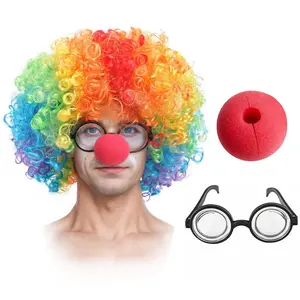 3 Piece Set Clown Nose Colorful Wigs, Halloween Magic Performance Cosplay Props, Funny Big Nose Wig for Costume Parties, Wavy Synthetic Hairpiece, Crazy Wigs, Fluffy Wigs