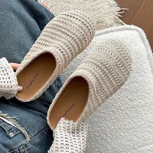 Women's Knit Slip-On Clog Mules, Round Toe, Arch Support Footwear, Comfortable Work Flats Slides