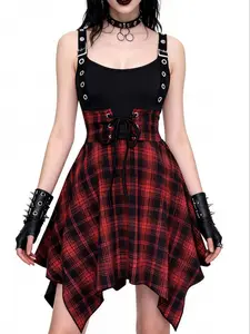 Gothic Style Plaid Check Patchwork Sleeveless Strap Slim Dress, Casual Streetwear, Back Elastic Ruched Waist, Summer Spring Fashion for Women, Womenswear