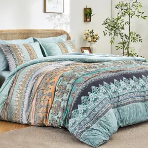 Boho Comforter Set  Size Sage Green - 7 count Bohemian Floral Striped Comforter and Sheet Set, Soft Bed in a Bag Complete Bedding Sets  Size for  Season (Sage Green,)