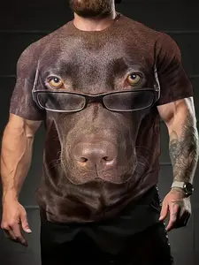 Men's 3D printed dog face pattern T-shirt with glasses - casual short-sleeved round neck summer T-shirt, breathable and machine washable, Casual Loose Tee, suitable for daily going out, outdoor activities, fun design, rich details, Casual Stylish Tee