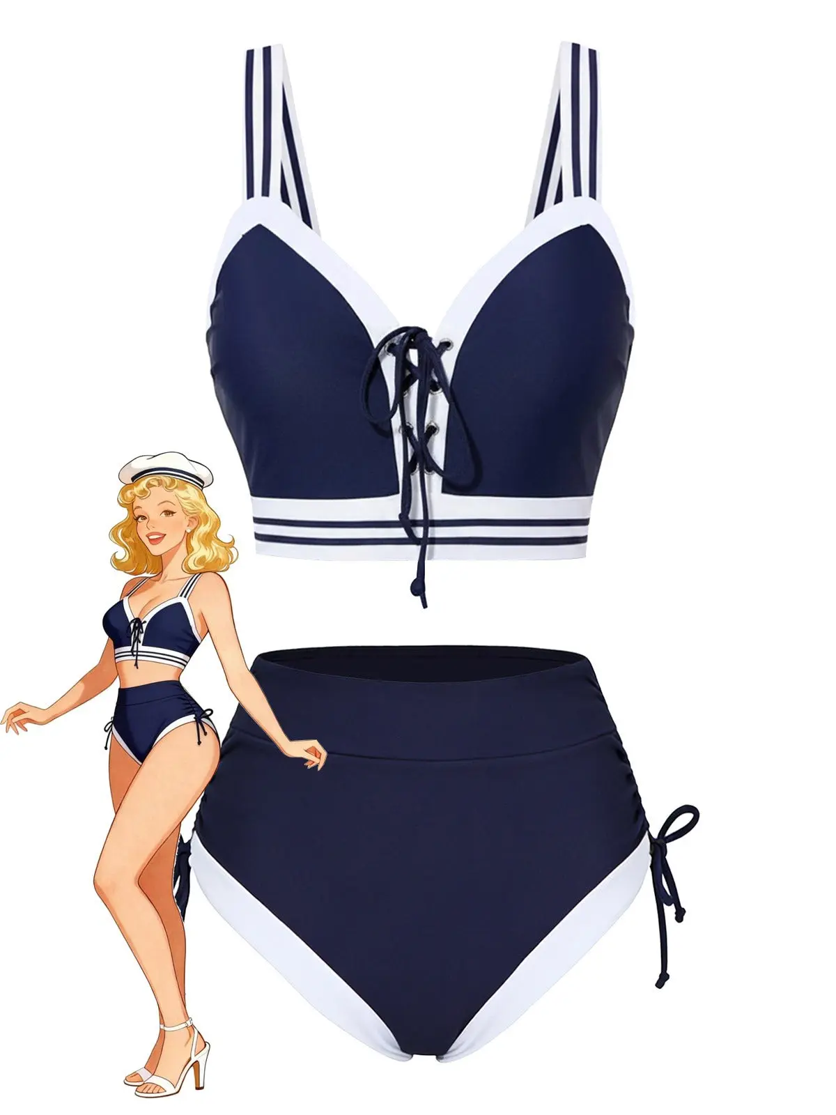 RETRO STAGE Women's 1940s Nautical Striped 2-Piece Vintage Swimwear - Wireless Bikini Top, Mid-Rise Bottoms, Polyester Blend, Removable Pads, Non-Transparent Swimsuits for Women, 4th of July Outfits
