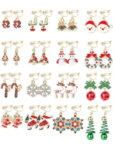 16 Pairs Christmas Clip on Earrings for Women Xmas Tree Bell Santa Snowman Elk Snowflake Non Pierced Clip Earrings Dangle Drop Earring Set Cute Festive Jewelry Gifts Trendy Fashionable Accessories