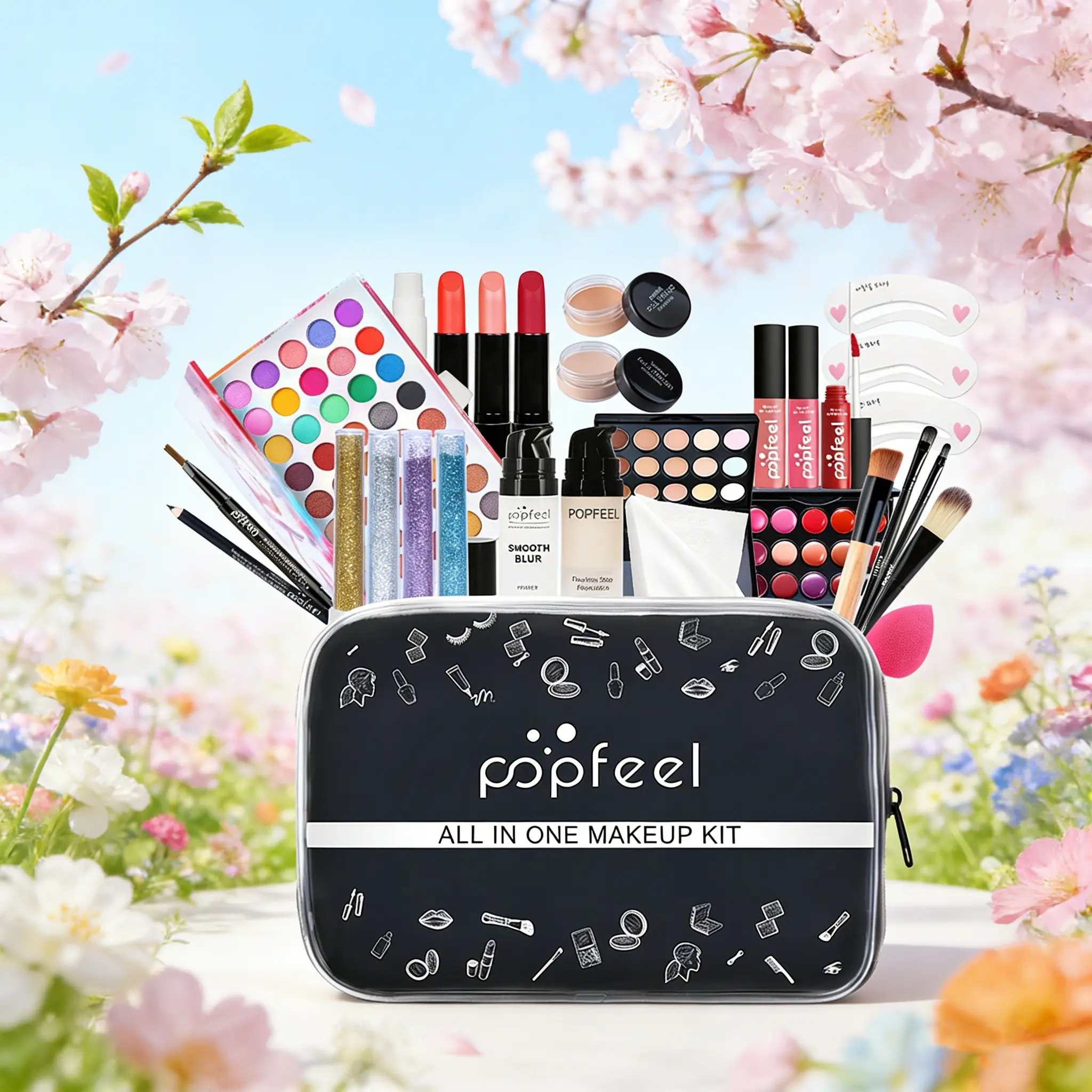 Newbie-Friendly Popfeel All-In-One Makeup Base Set, From Foundation to Eye Lip, Step-By-Step Beauty Routine, Essential Cosmetic Kit, Lip Tint Set, Makeup Palette Set